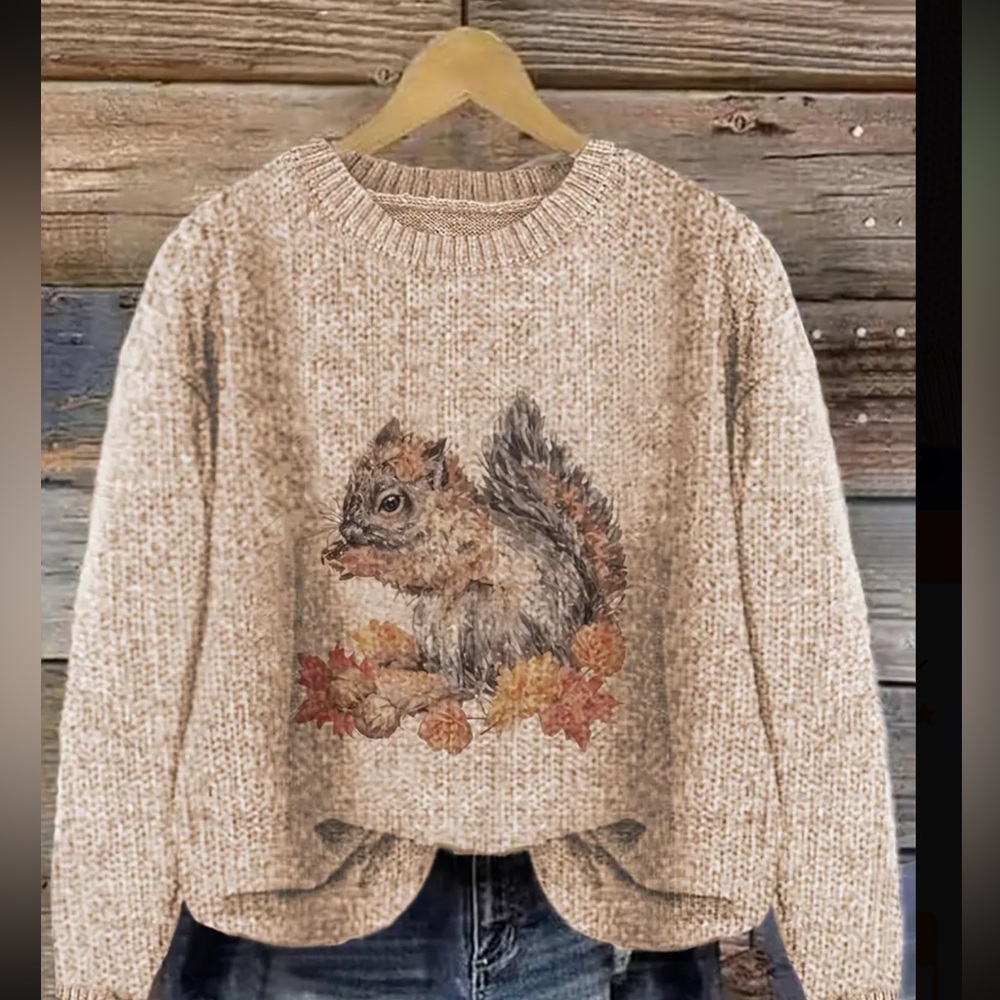Fall Squirrel Graphic Sweater Cozy Crewneck Autumn Thanksgiving Pullover - Picture 2 of 13